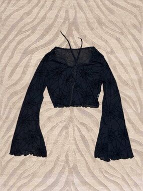 SHEIN Black Sheer Spiderweb Tie-Front Crop Top